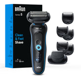 Braun Series 5 5120s shaver blue front view for precise contouring and comfort.