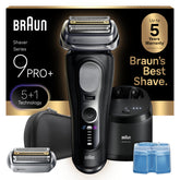 Braun Series 9 PRO+ razor head close-up showing precision blades for a clean shave.