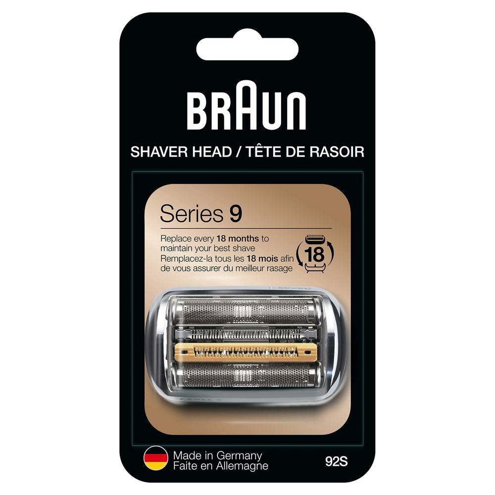 Braun Series 9 replacement head foil 92S close-up with sleek silver finish.
