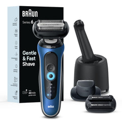 Braun Series 6 6177cc shaver head closeup highlighting a gentle, skin-friendly shave.