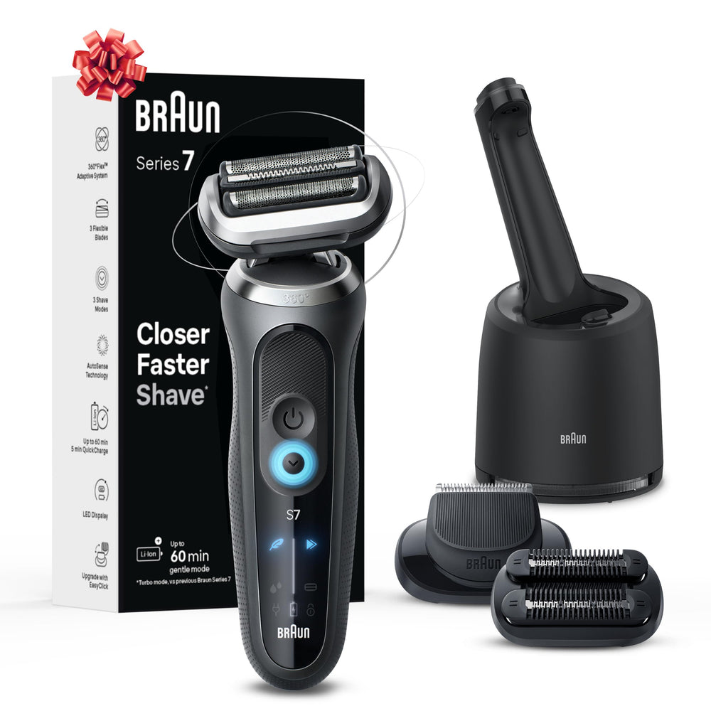 Braun Series 7 7185cc flex head close-up showing adaptive shaving for contours.