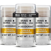 Bravo Sierra aluminum-free deodorant bottle with citrus-cedarwood scent for long-lasting freshness.