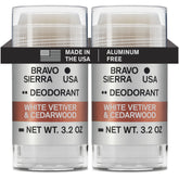 Bravo Sierra aluminum-free deodorant bottle with white vetiver and cedarwood for long-lasting odor protection.