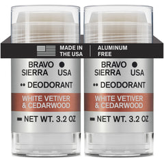 Bravo Sierra aluminum-free deodorant bottle with white vetiver and cedarwood for long-lasting odor protection.