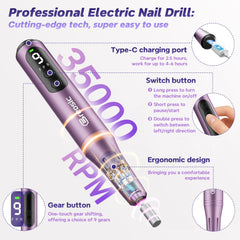 Breosic nail drill LED display shows speed and battery at a glance.