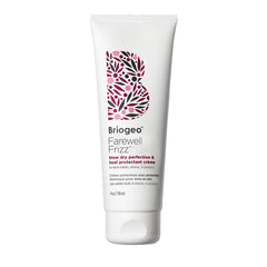 Briogeo Farewell Frizz bottle close-up showing silicone-free heat protection.