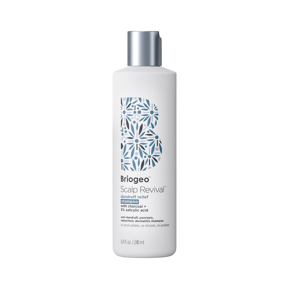 Briogeo Scalp Revival shampoo bottle features charcoal for detoxifying cleansing on flaky scalps.