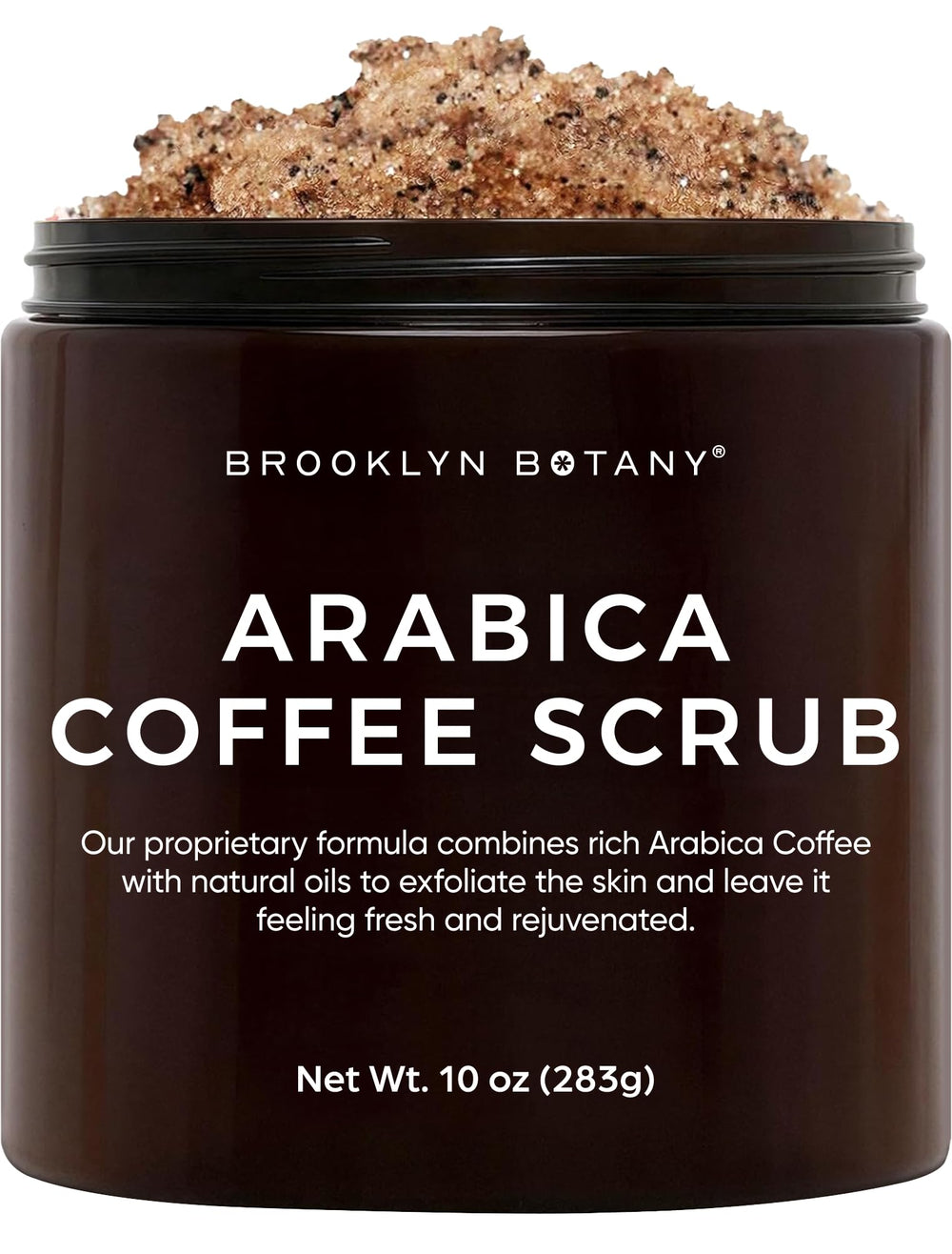 Brooklyn Botany Arabica Coffee Body Scrub packaging highlights premium exfoliation.