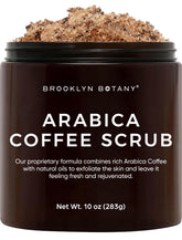 Brooklyn Botany Arabica Coffee Body Scrub packaging highlights premium exfoliation.