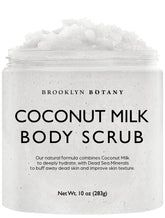 Brooklyn Botany Coconut Milk Body Scrub jar close-up showing moisturizing texture for hydrated skin.