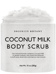 Brooklyn Botany Coconut Milk Body Scrub jar close-up showing moisturizing texture for hydrated skin.