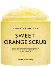 Brooklyn Botany Sweet Orange Body Scrub bottle highlights vibrant packaging for gifting and daily exfoliation.