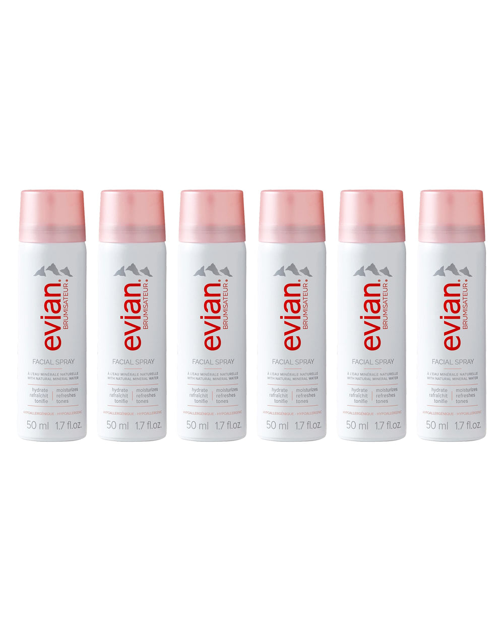 BRUMISATEUR Evian Facial Spray travel 6-pack provides on-the-go hydration for the skin.
