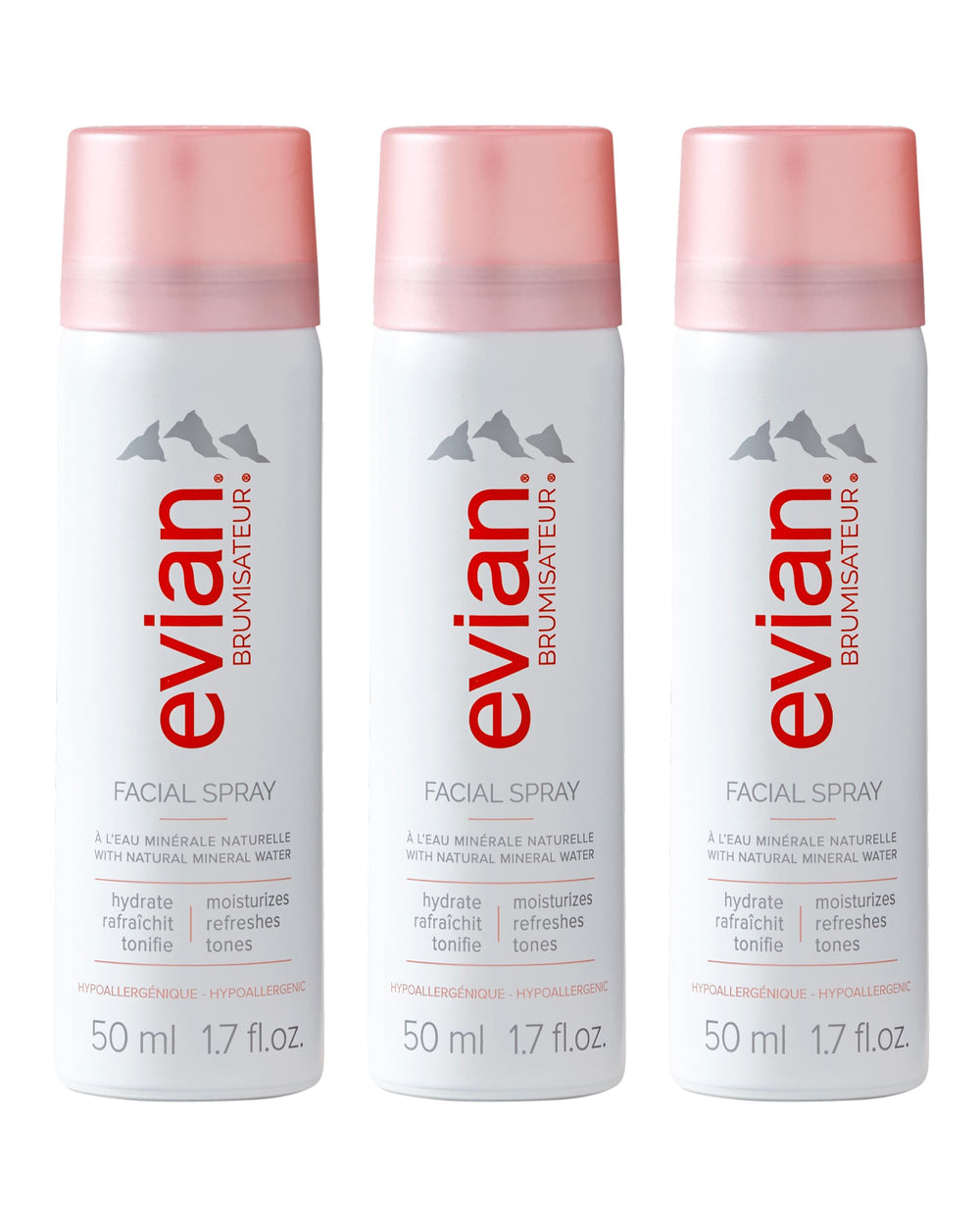 BRUMISATEUR Evian travel trio bottles for on-the-go hydration and refreshment.