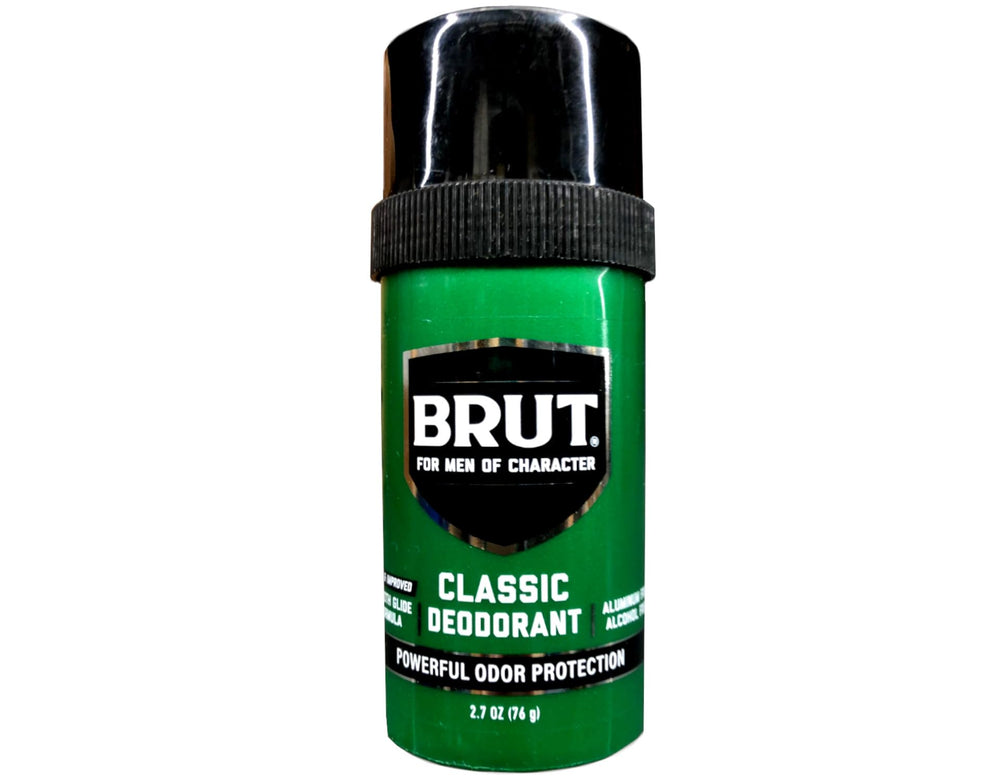BRUT Classic Round Stick packaging two-pack with odor protection for daily use.