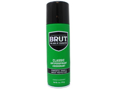 Brut aerosol can dispensing spray, classic scent, for reliable odor control.
