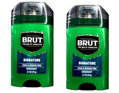 Brut Deodorant Signature Scent bottle front view showcasing classic design for everyday freshness.