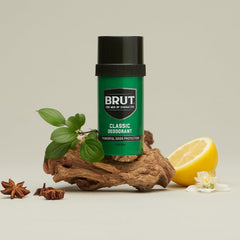 BRUT deodorant stick original fragrance, side view, classic masculine scent