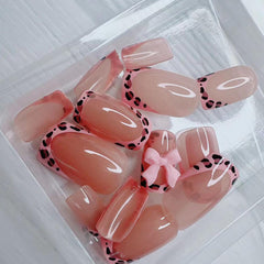 BSBTBZ uñas francesas con diseño leopardo y lazo rosa brillo para eventos