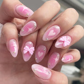 BSBTBZ uñas adhesivas gradiente rosa en almendra con lazo para apariencia elegante.