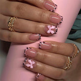 BSBTBZ uñas postizas leopardo francesas rosa brillo para uso diario