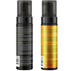 Close-up of B.TAN Besties Bundle mousse bottle showing deep bronze shade