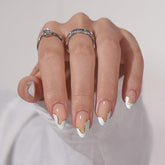 BTArtbox Almond Press On Nails with white French tip and gold foil for salon-like shine