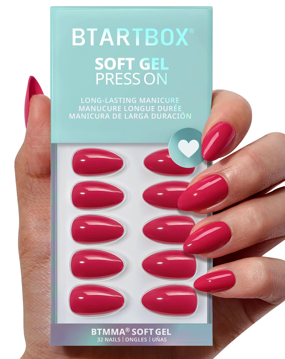 BTArtbox uñas en forma almendra rojas frambuesa en caja, inicio rápido.