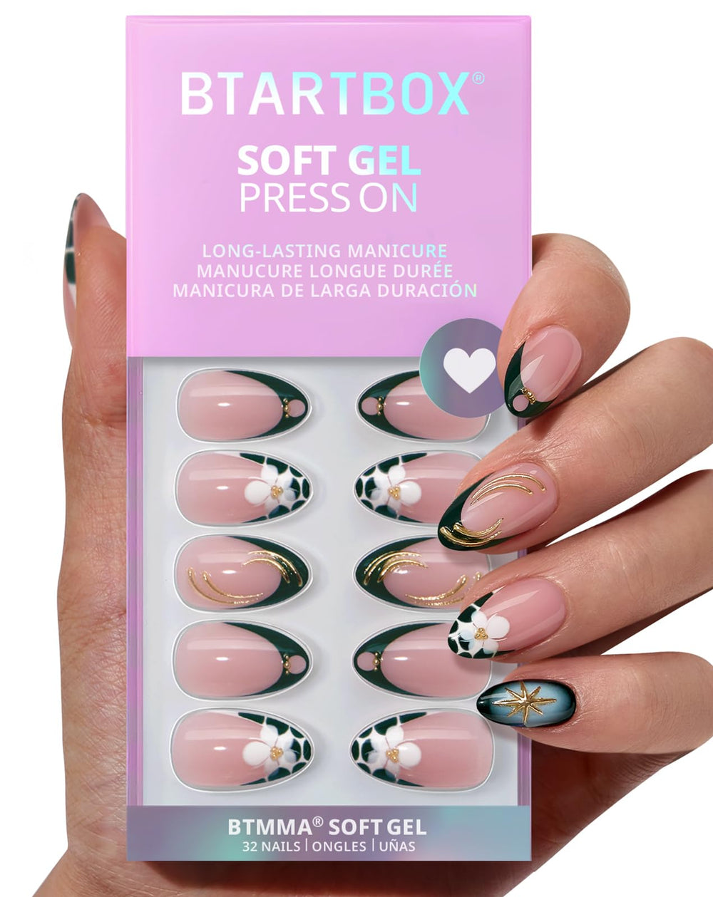 BTArtbox Uñas adheribles Verde Romance, acabado natural y corto, ideal para estilo diario.