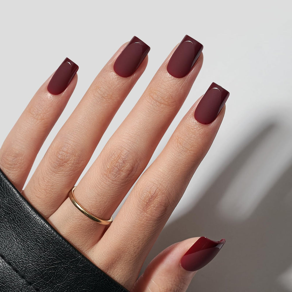 BTArtbox uñas postizas corta cuadradas Cozy Cocoa con Frances brillante para un look elegante.