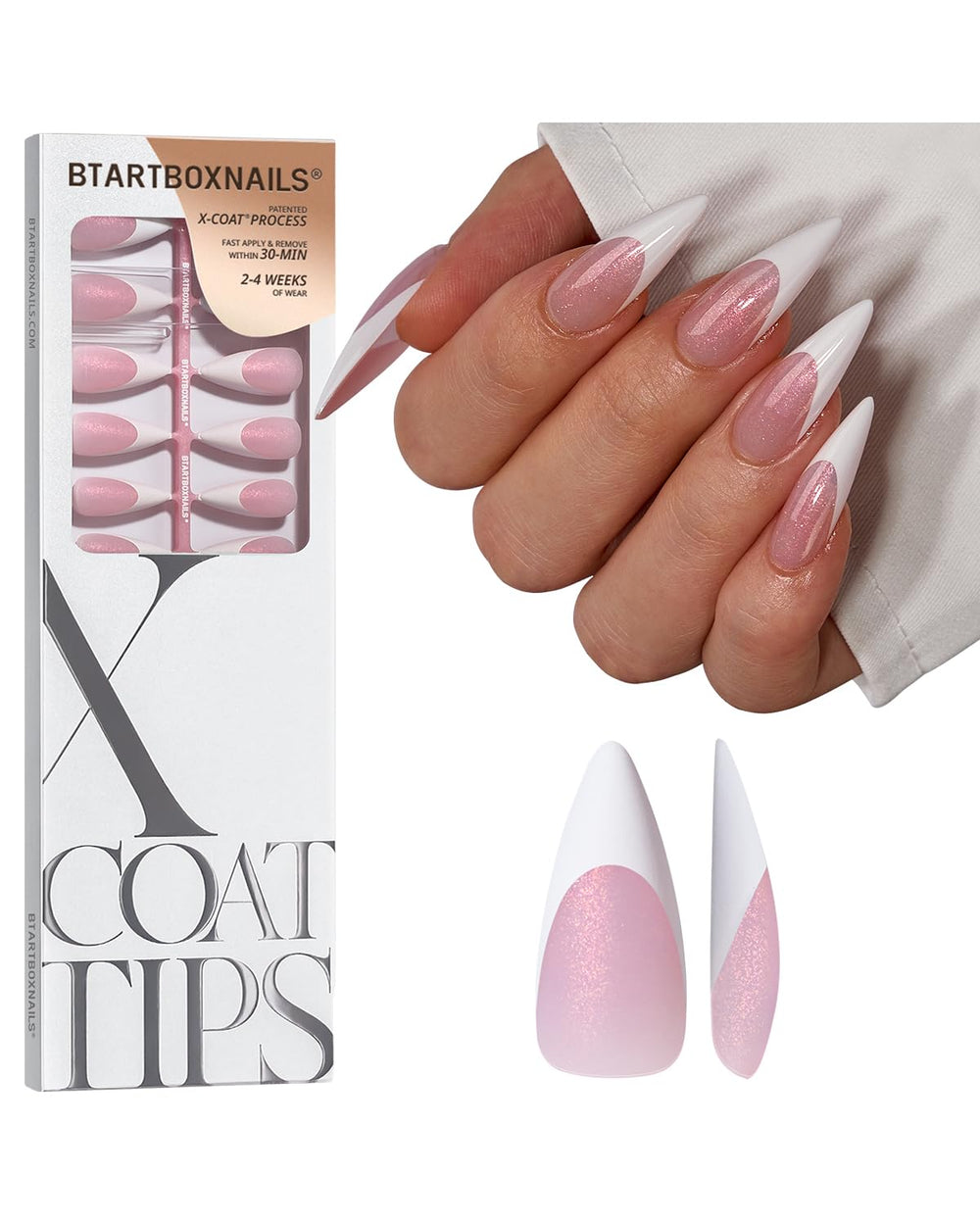 BTArtboxnails XCOATTIPS stiletto French nails with pink glitter base for a flawless manicure