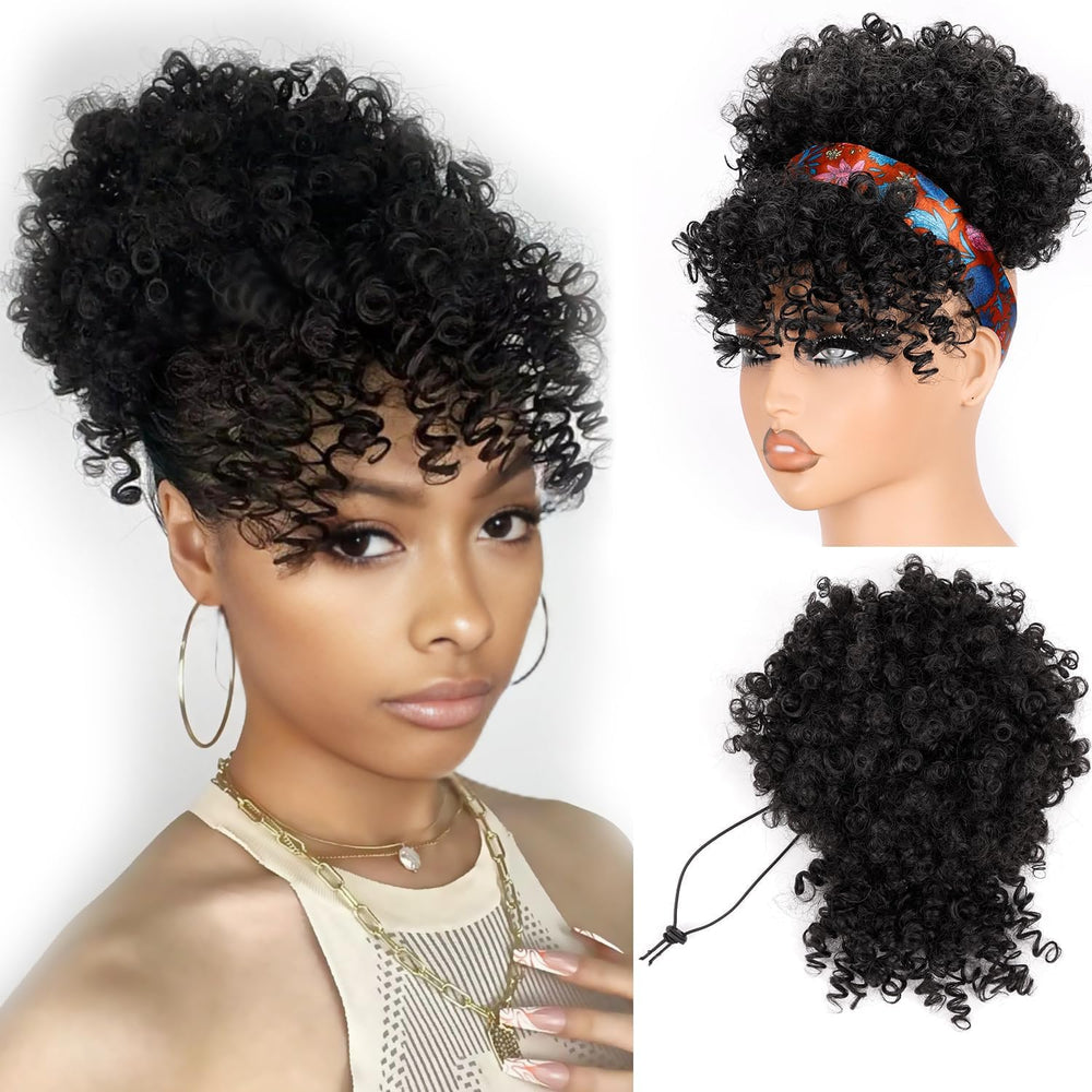 Builson drawstring ponytail with afro puff in 1B natural black for a seamless daily look.