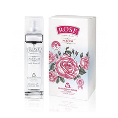 BULGARIAN ROSE KARLOVO bottle close-up, sleek 28 ml parfum for everyday wear