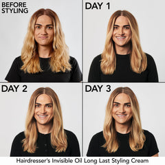 Hands applying Bumble and bumble styling cream to damp hair for easy styling.