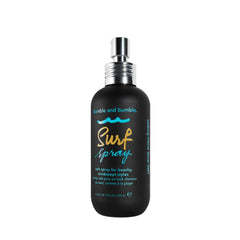 Bumble and bumble Surf Sea Salt Spray bottle shows matte texture and root volume.