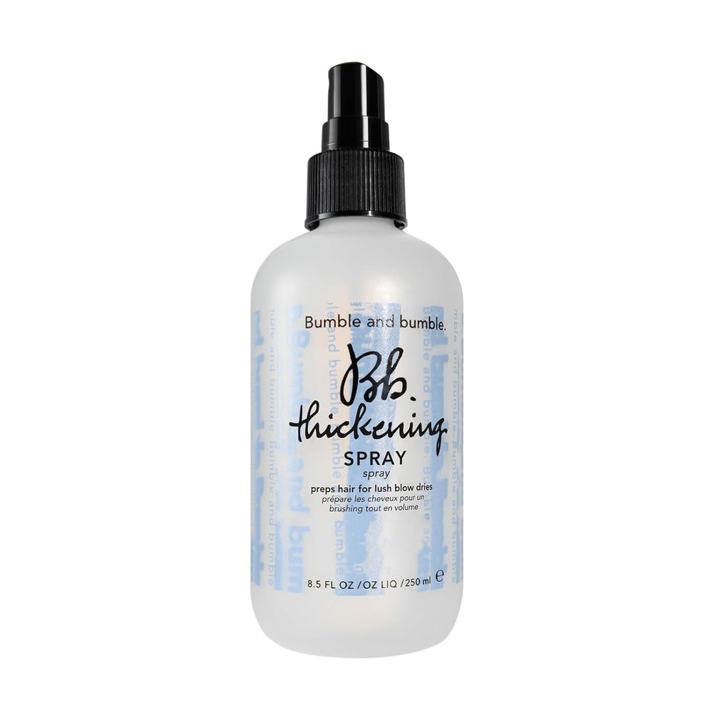 Bumble and bumble Thickening Blow-Dry Prep Spray bottle closeup boosts texture for fuller blowouts.