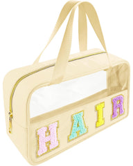 Bunliuys Chenille letter clear makeup bag with hair patch for easy cosmetic storage