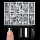 Buqikma clear short nail tips in pink box for easy sizing and application.