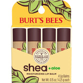 Burt's Bees Balsamo labial Shea Aloe: paquete de cuatro tubos para hidratación diaria.
