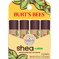 Burt's Bees Balsamo labial Shea Aloe: paquete de cuatro tubos para hidratación diaria.