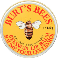 Burt's Bees Beeswax Lip Balm Tin packaging with classic yellow tin for hydration.