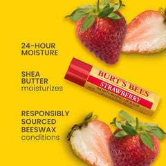Close-up of Burt's Bees strawberry lip balm during application.