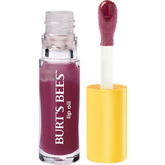 Packaging for Burt's Bees Lip Oil Plum Twilight on recyclable carton.