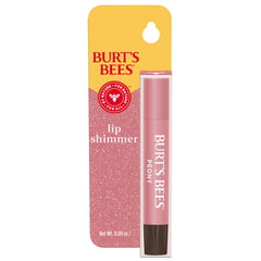 Burt's Bees Lip Shimmer Peony tube with rosy glow and moisturized lips.
