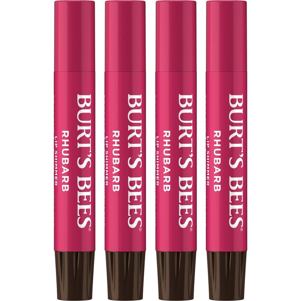 Burts Bees Lip Shimmer Rhubarb en acción, brillo rosado y hidratación suave