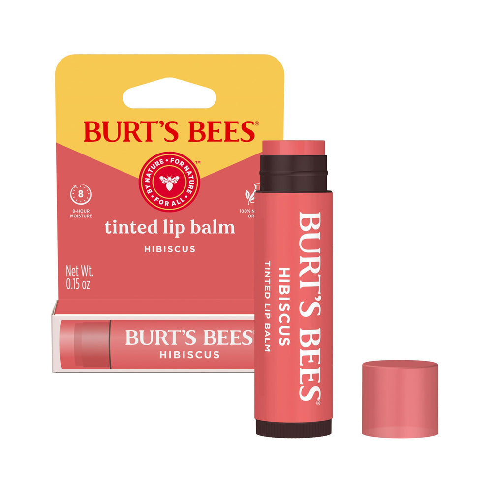 Burts Bees Hibiscus Lip Tint Balm tube shows natural color and moisture.