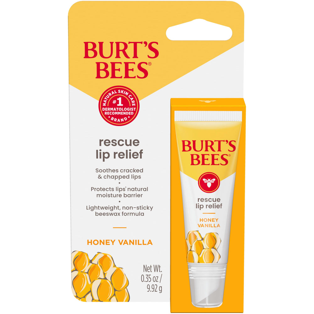 Burt's Bees Rescue Lip Relief Honey Vanilla tube ready to hydrate dry lips.
