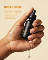 Buttah Skin Vitamin C Serum label detail highlighting ferulic acid and green tea.