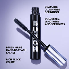 Close-up of glossy pigments in Buxom mascara enhancing lash shine.