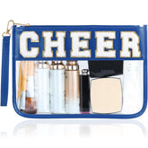 BuyCard Cheer chenille clear makeup bag with navy blue trim for organized cosmetics.